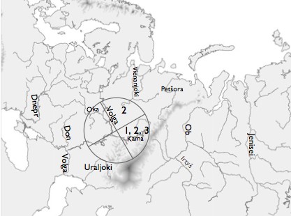 The numbers inside the circle refer to the locations derived from the reconstructed forest vocabulary and from Indo-European loans